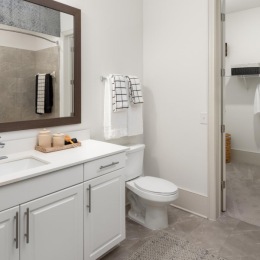 bathroom with a large mirror